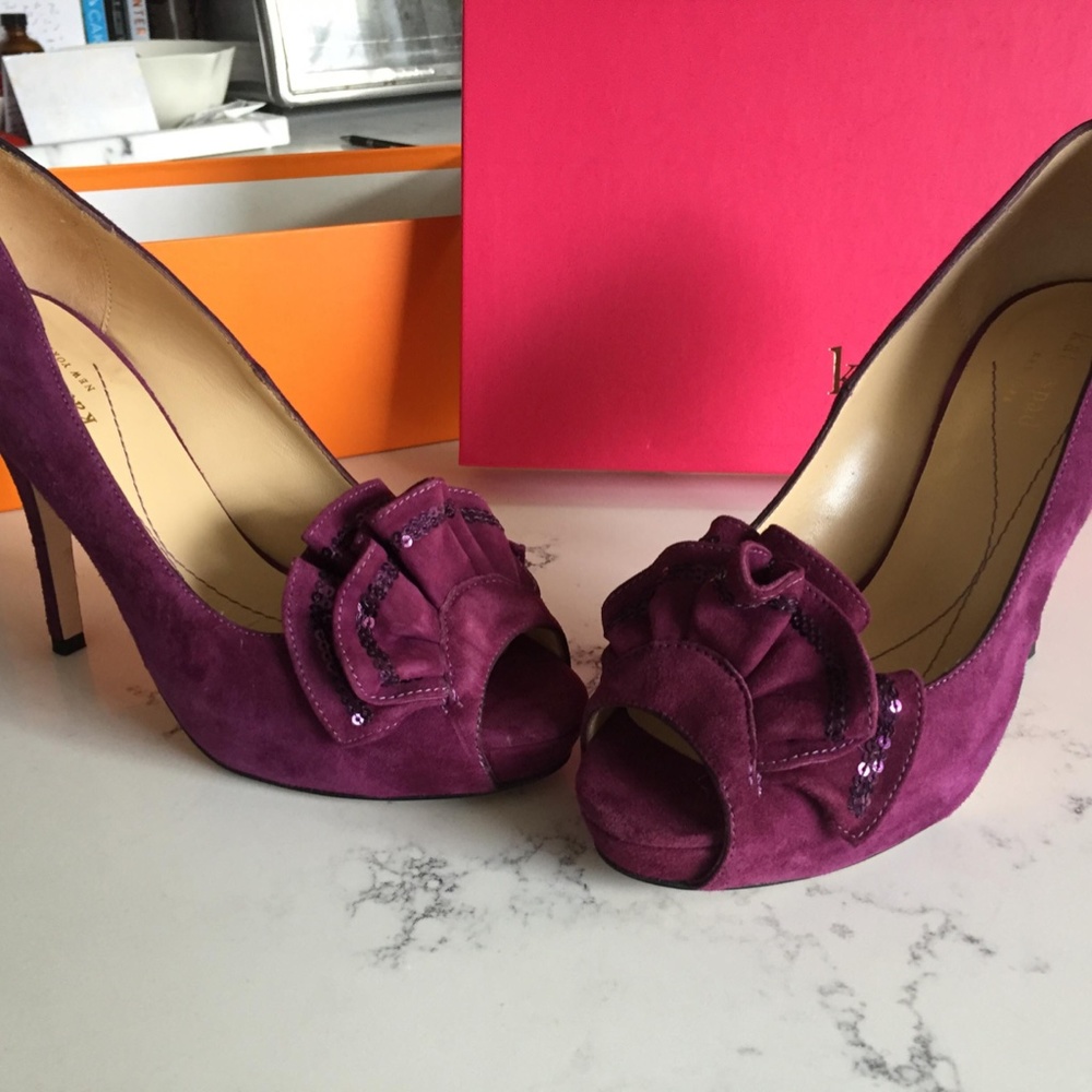 Kate Spade purple suede ruffle sequin heels